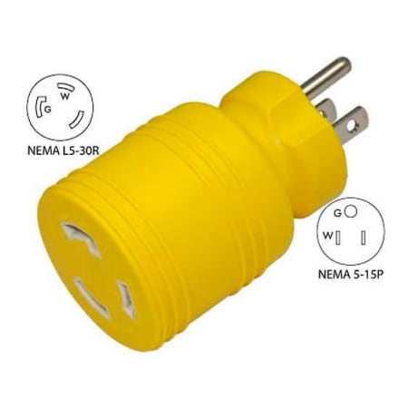 Conntek Plug Adapter, Locking, L5-30R, 5-15P, Yellow 30222-YW